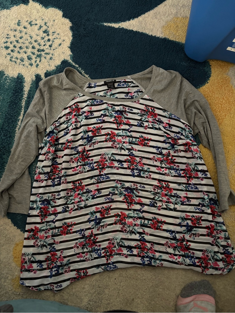 torrid Gray Sleeve Floral Stripe Raglan Top